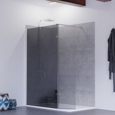 Paroi de douche fixe effet miroir fumé avec volet pivotant PSYCHE - Profilé chromé - Verre 8 mm