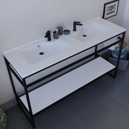 Meuble double vasque STRUCTURA 140 cm structure inox noire étagère ouverte blanche