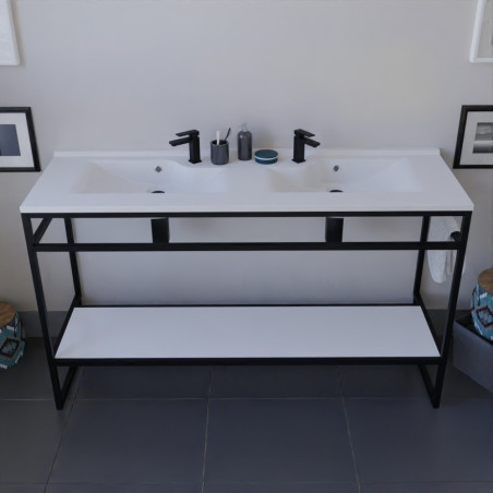 Meuble double vasque STRUCTURA 140 cm structure inox noire étagère ouverte blanche