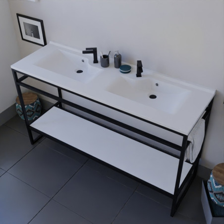 Meuble double vasque STRUCTURA 140 cm structure inox noire étagère ouverte blanche