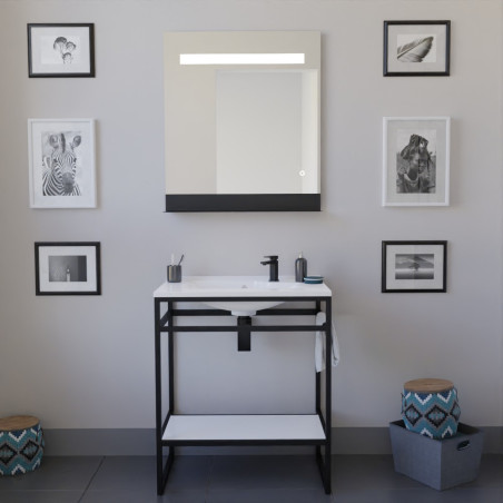 Meuble salle de bain STRUCTURA 70 cm, étagère blanche, plan vasque en résine, miroir LED