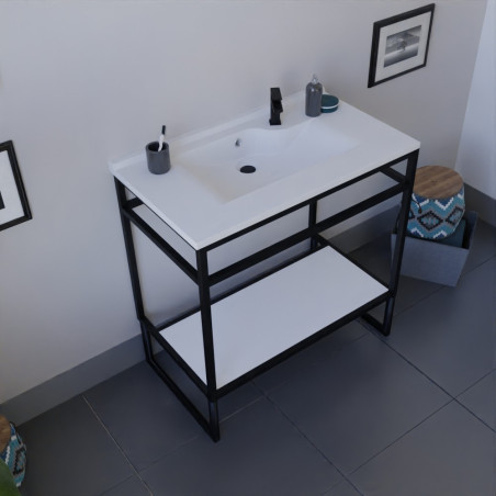 Meuble salle de bain STRUCTURA 80 cm structure inox noire, étagère blanche, plan vasque en résine