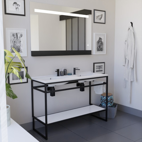 Meuble STRUCTURA 120 cm en inox noir, étagère ouverte blanche, plan double vasque en résine, miroir ETAL 120x80 cm