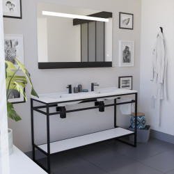 Meuble double vasque STRUCTURA 140 cm meuble en inox noir, étagère ouverte blanche, miroir LED 120x80 cm