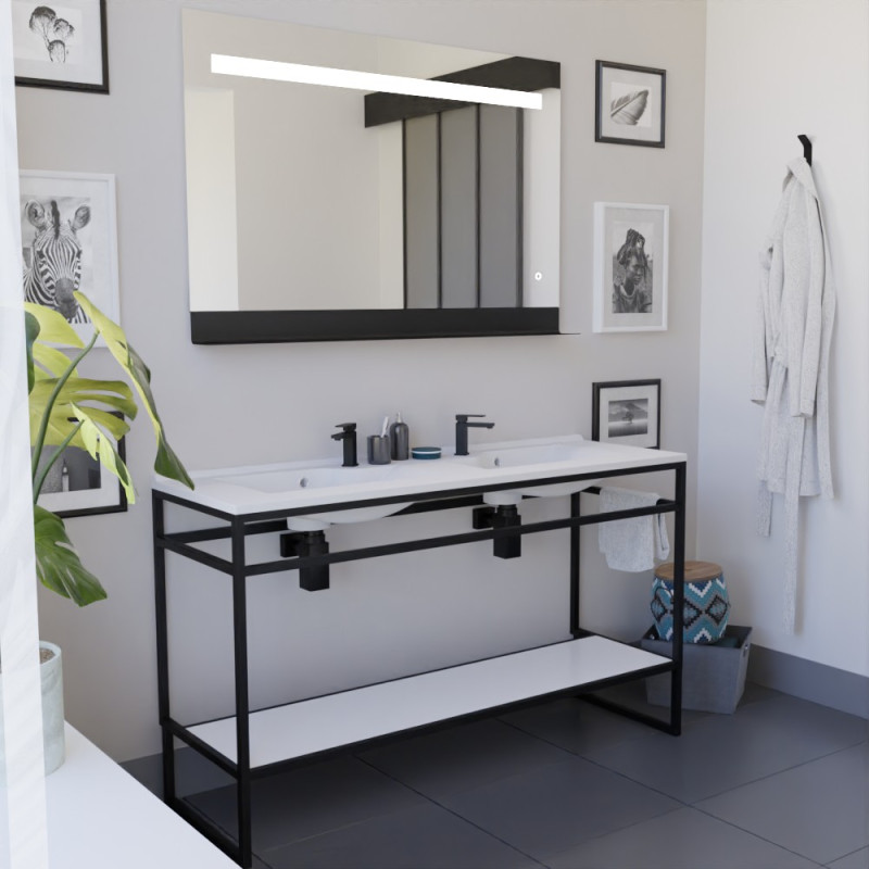Meuble double vasque STRUCTURA 140 cm meuble en inox noir, étagère ouverte blanche, miroir LED 120x80 cm Meuble double vasque STRUCTURA 140 cm meuble en inox noir, étagère ouverte blanche, miroir LED 120x80 cm