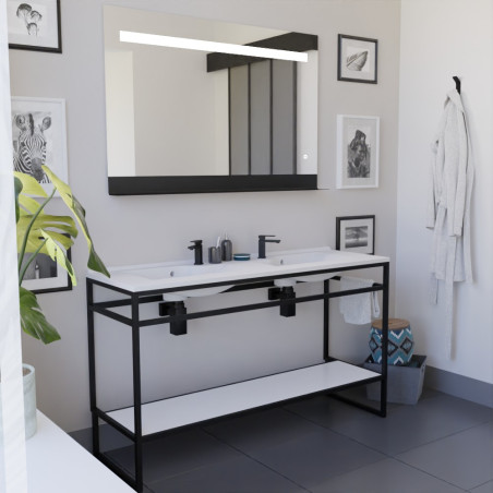 Meuble double vasque STRUCTURA 140 cm meuble en inox noir, étagère ouverte blanche, miroir LED 120x80 cm
