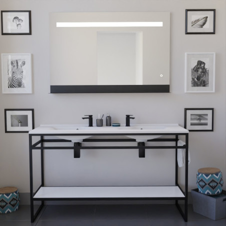 Meuble double vasque STRUCTURA 140 cm meuble en inox noir, étagère ouverte blanche, miroir LED 120x80 cm