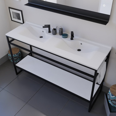 Meuble double vasque STRUCTURA 140 cm meuble en inox noir, étagère ouverte blanche, miroir LED 120x80 cm